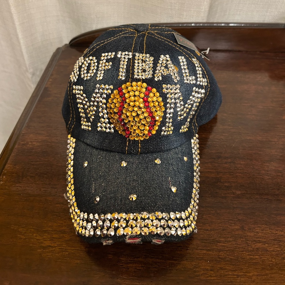 Rhinestone Bling Softball Mom Baseball Cap Denim by Bijorca NWT